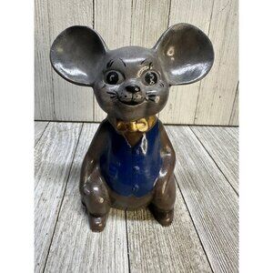 Vintage Painted Castle Ceramic Gentleman Gray Mouse with Blue Vest and Bowtie